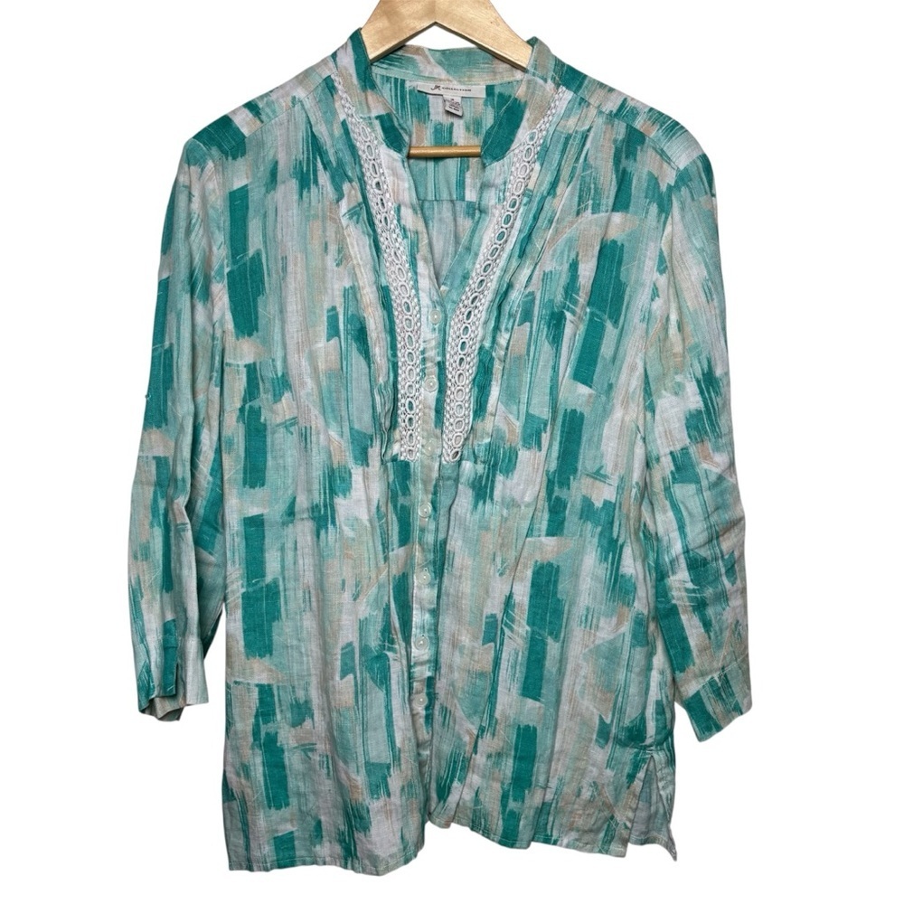 JM Collection Top Blouse Sz 16 100% Linen Teal White Button Up Coastal Lace FLAW